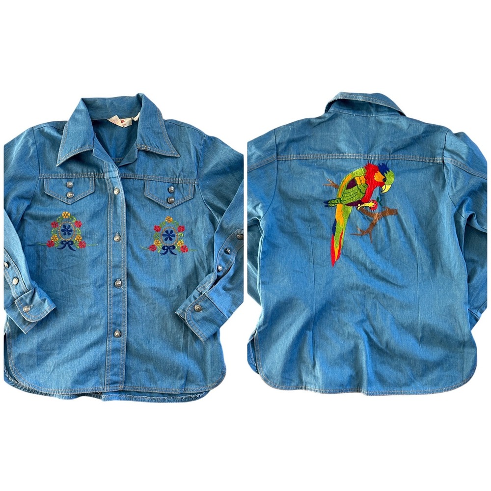 VTG 70s Blanquita Mexico Embroidered Parrot Floral Western Shirt Blue Womens S/M